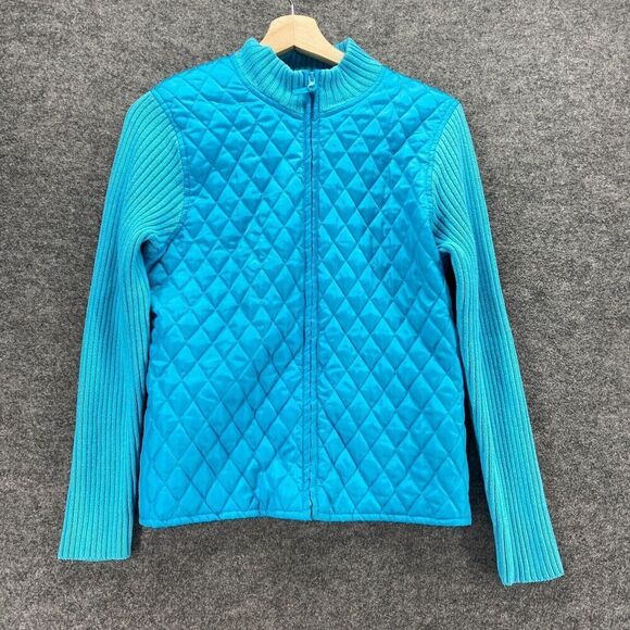 For Cynthia Sweaters - For Cynthia Quilted Jacket Women PL Petite Blue Full Zip High Neck Long Sleeve